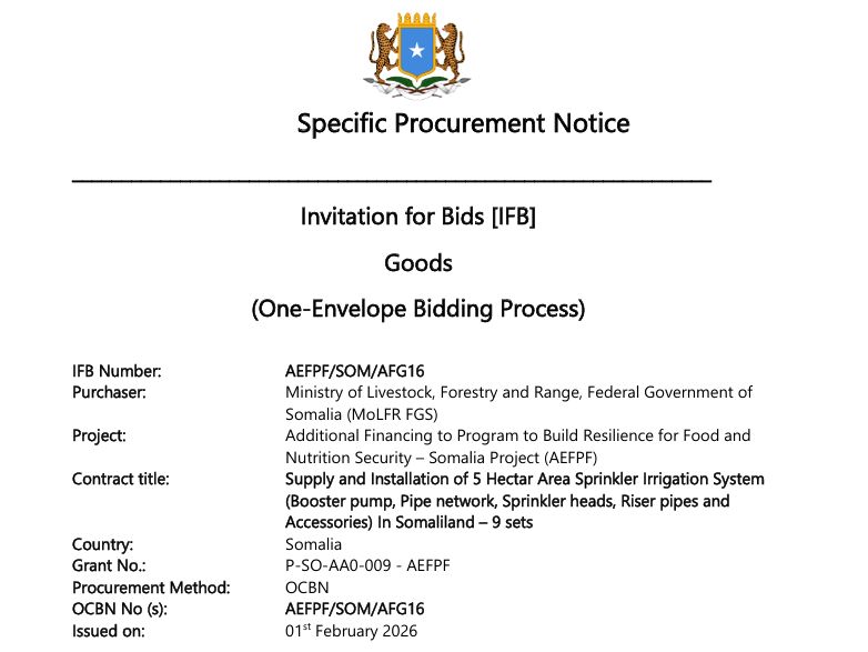 Supply and Installation of 5 Hectar Area Sprinkler Irrigation System  Booster pump, Pipe network, Sprinkler heads, Riser pipes and  Accessories In Somaliland – 9 sets