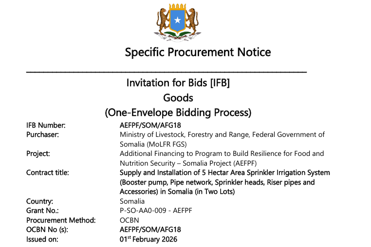 Supply and Installation of 5 Hectar Area Sprinkler Irrigation System  Booster pump, Pipe network, Sprinkler heads, Riser pipes and  Accessories in Somalia (in Two Lots)