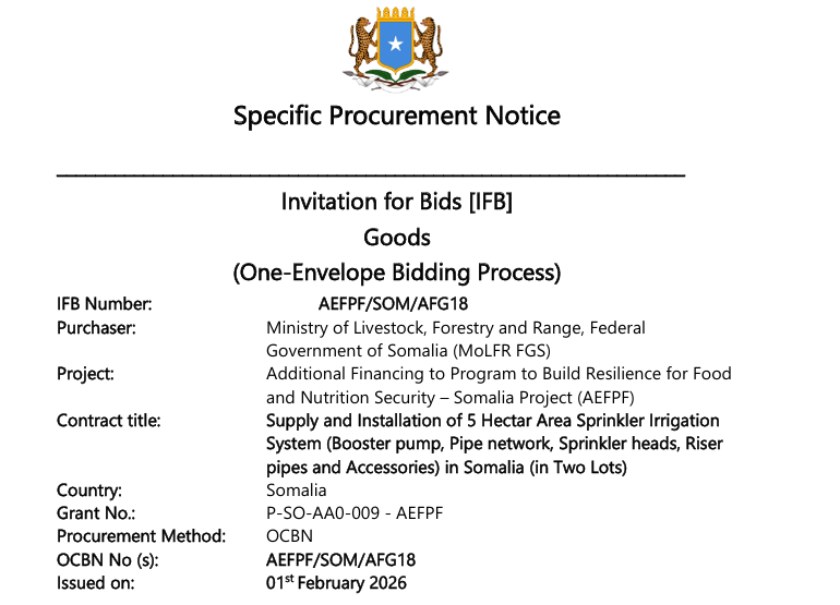 Supply and Installation of 5 Hectar Area Sprinkler Irrigation  System Booster pump, Pipe network, Sprinkler heads, Riser  pipes and Accessories in Somalia (in Two Lots)