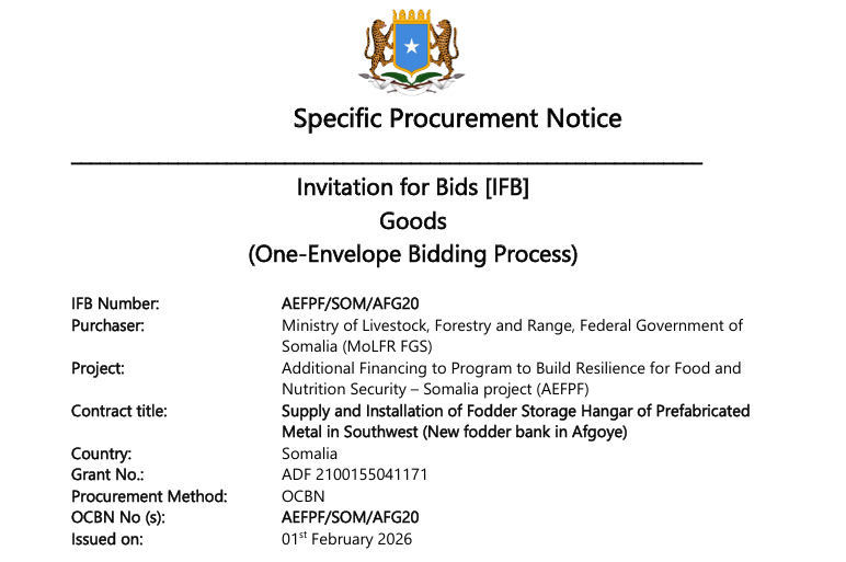 Supply and Installation of Fodder Storage Hangar of Prefabricated  Metal in Southwest New fodder bank in Afgoye